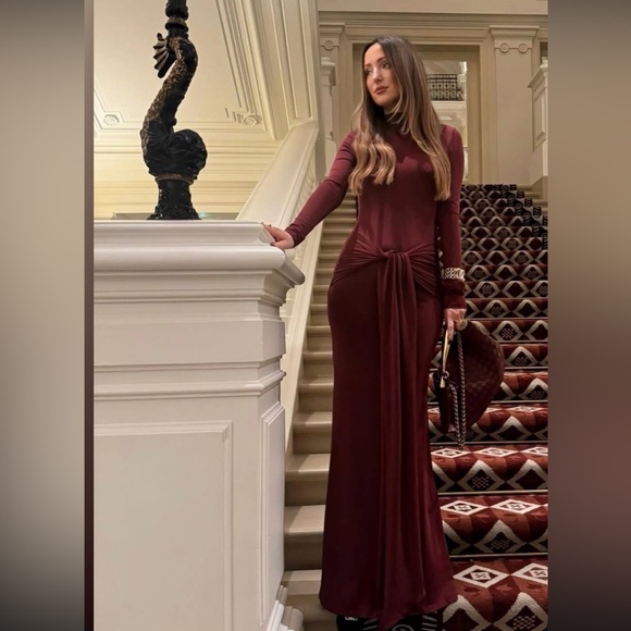 NEW Mock Neck Front Wrap sheer sexy burgundy Detail Maxi Party mesh Dress - Picture 4 of 8